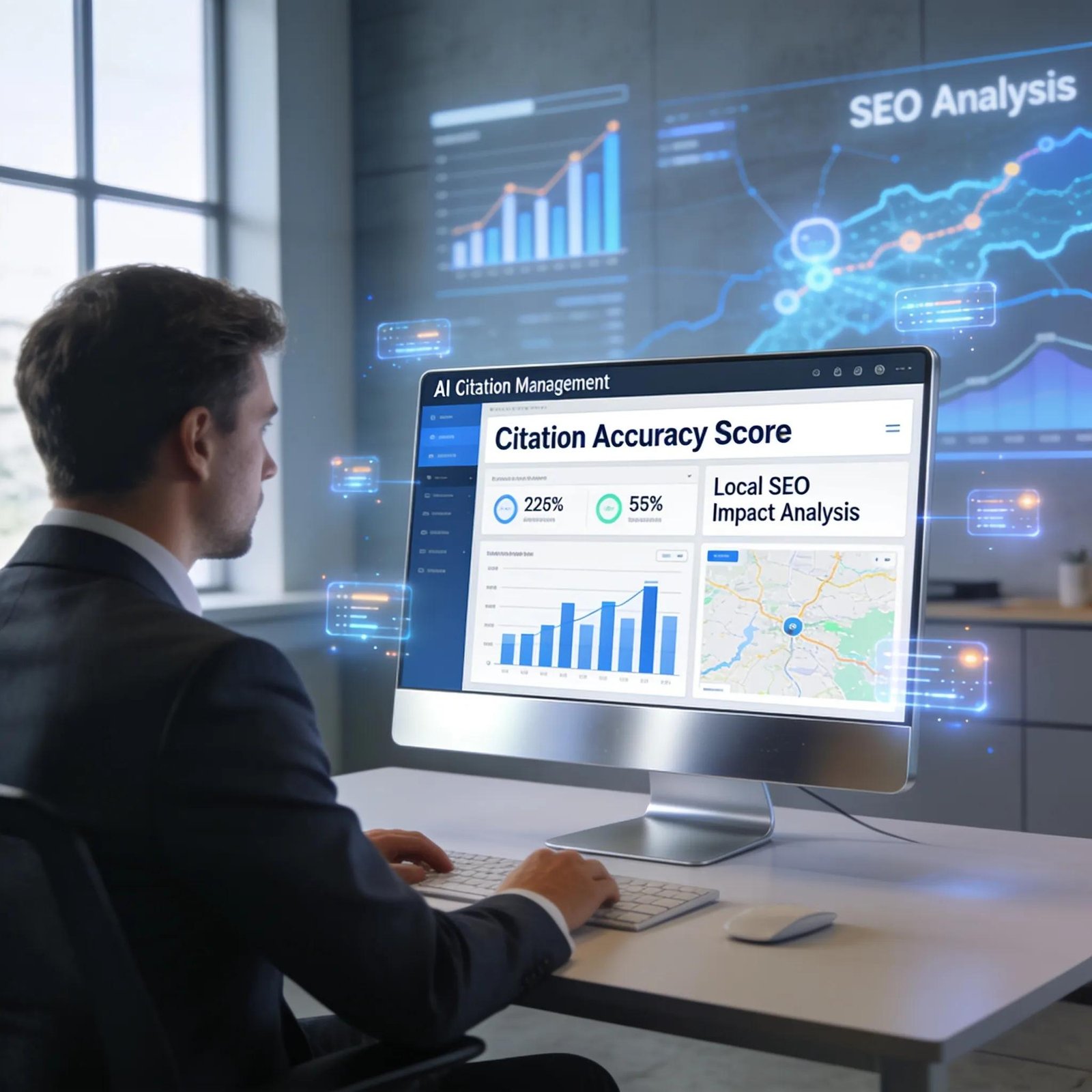 Professional using AI-driven citation software to keep Tampa business listings accurate across directories
