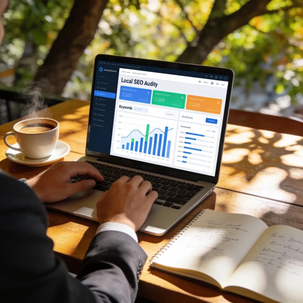 Professional working on local SEO audit in a café setting