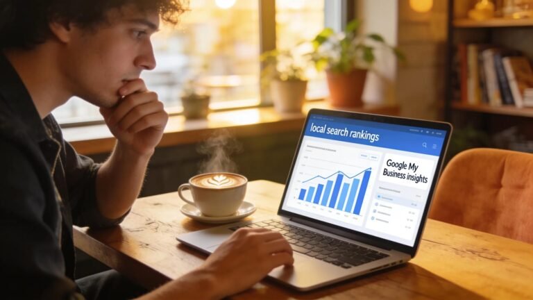 Small business owner reviewing local SEO dashboard in a cozy caf&eacute;