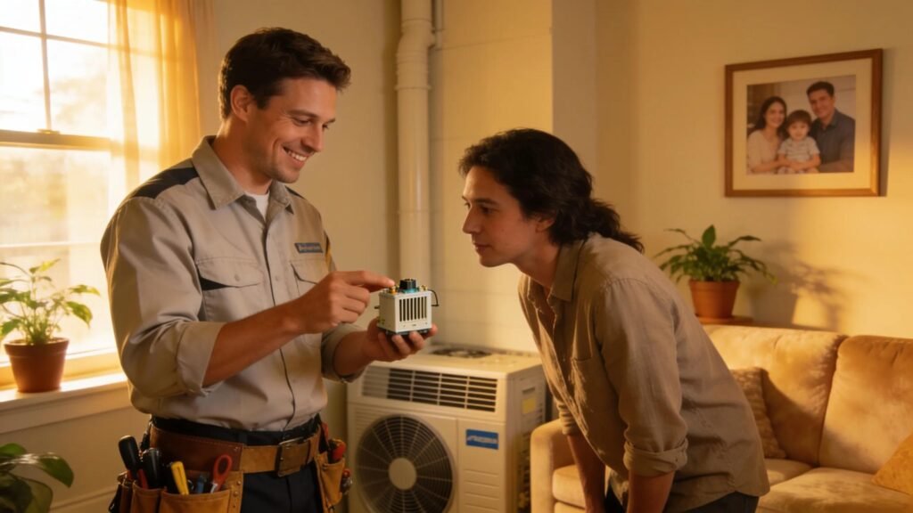 HVAC technician providing excellent customer service in a warm residential setting