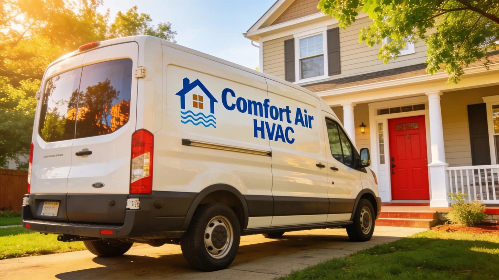 Local HVAC service vehicle in a friendly neighborhood representing strong local presence