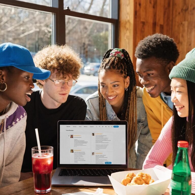 Diverse group discussing customer reviews on a laptop, highlighting the importance of reviews in local SEO