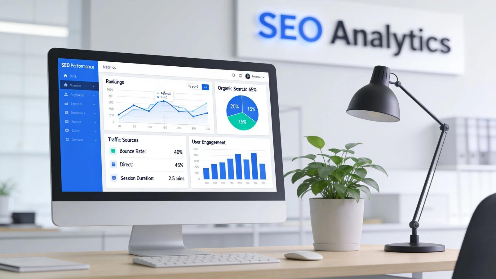 SEO performance metrics dashboard showing traffic and engagement indicators