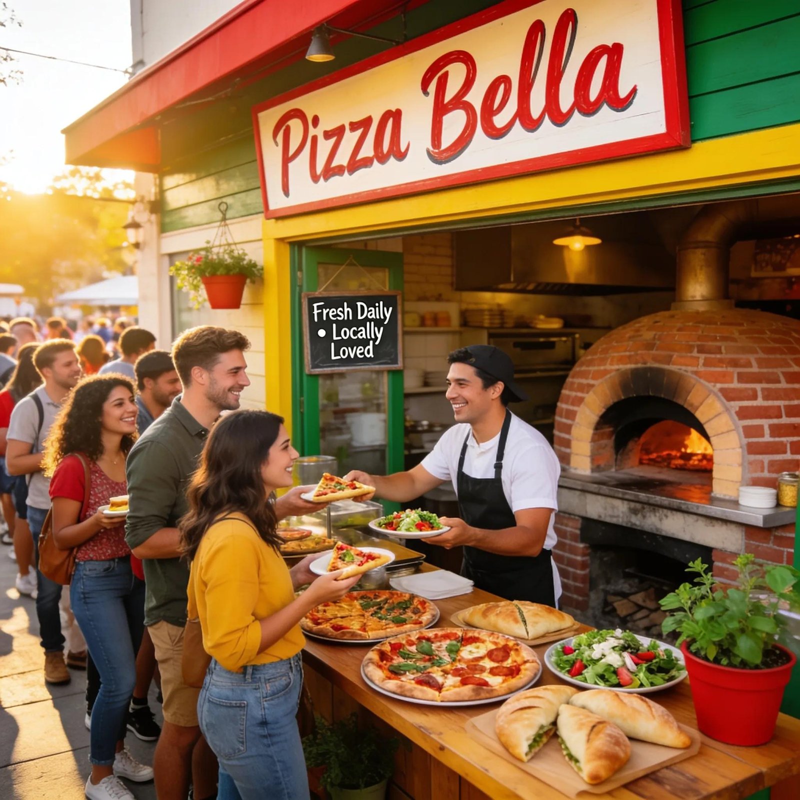 Pizzeria with a long customer queue showing the boost from effective local SEO
