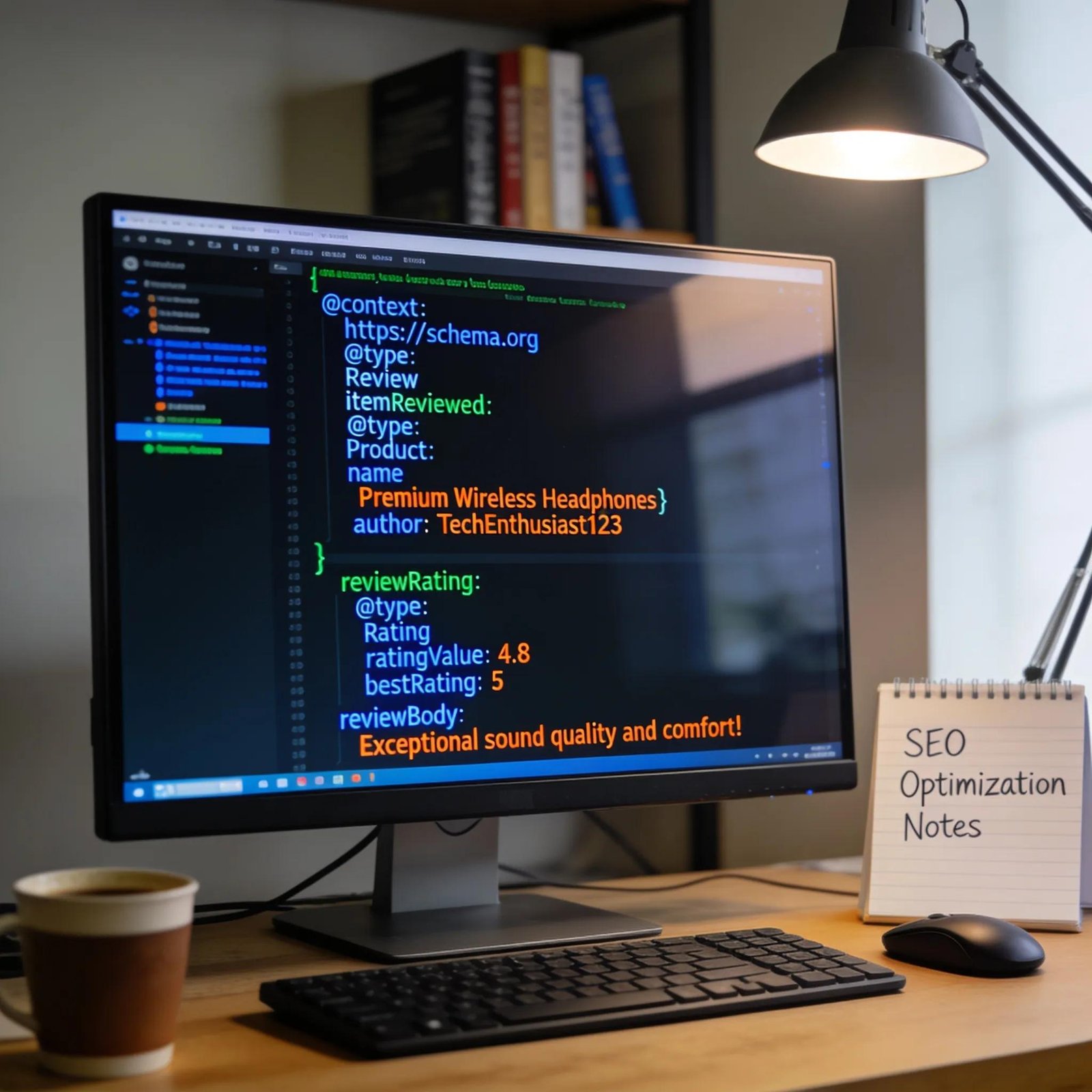 Desktop showing JSON-LD review markup — how structured data helps search engines understand reviews