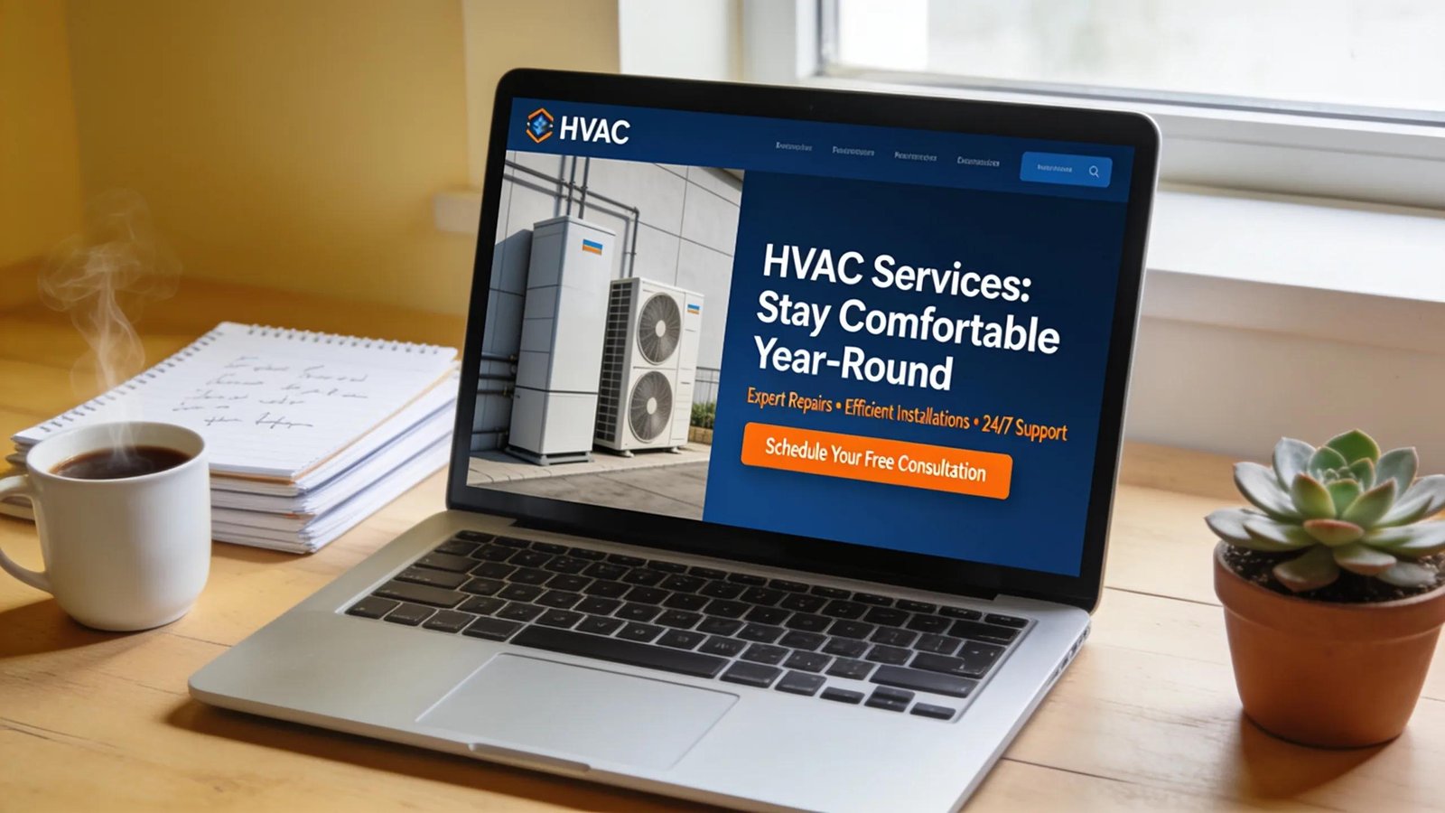 Digital marketing workspace with focus on HVAC service lead generation strategies