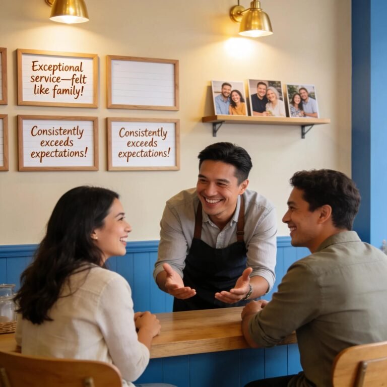 Friendly business owner interacting with satisfied customers, highlighting the importance of reviews for local visibility