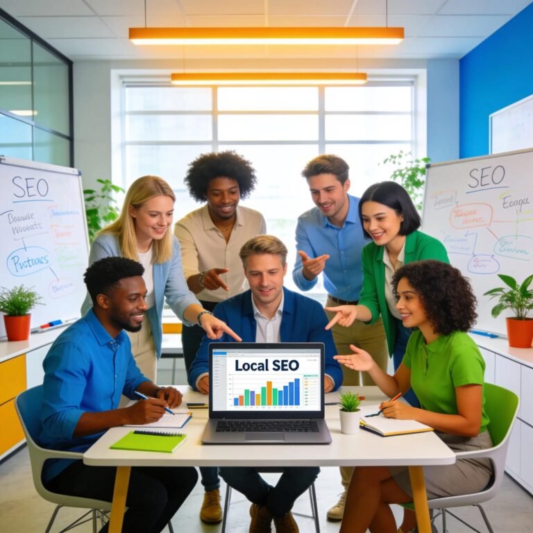 SEO audit team analyzing data on a laptop in a bright office environment
