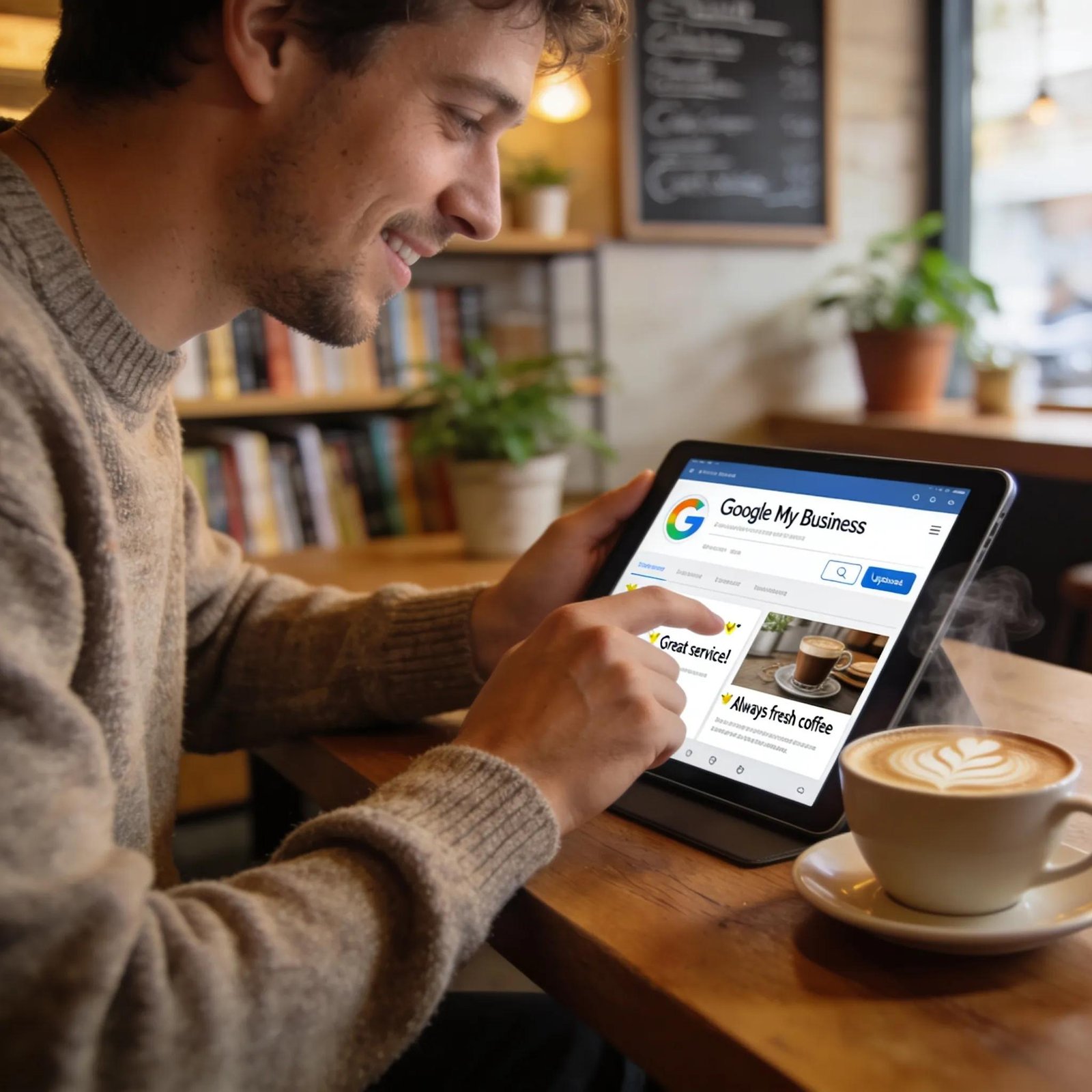 Owner updating Google Business Profile from a coffee shop