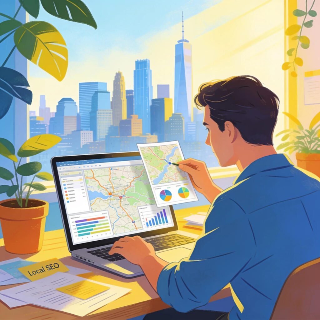 Digital marketer analyzing local SEO data with city maps and analytics for geo optimization strategies