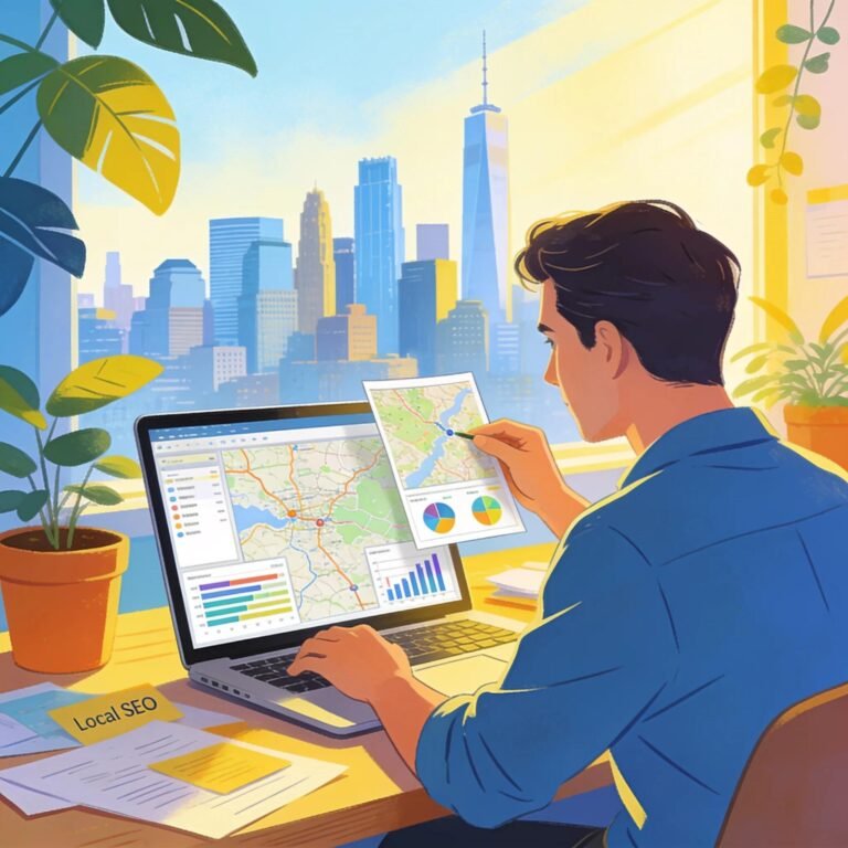 Digital marketer analyzing local SEO data with city maps and analytics for geo optimization strategies