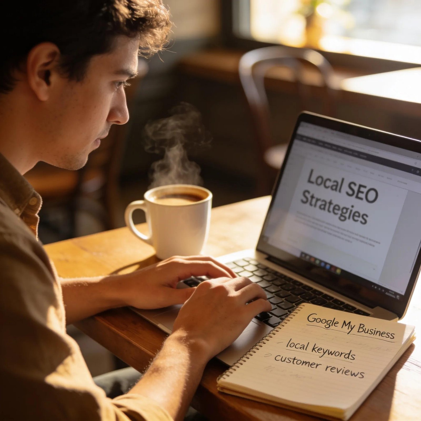Business owner researching local SEO in a café — practical tactics in action