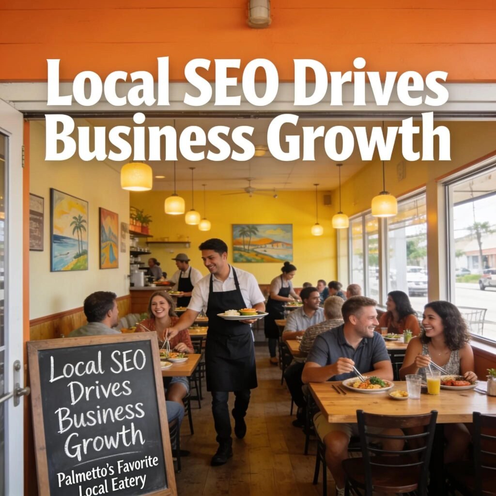 Busy restaurant scene in Palmetto highlighting the success of local businesses driven by effective SEO strategies