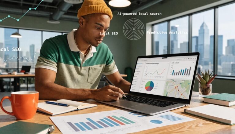Business owner in a modern office utilizing AI tools for local search optimization