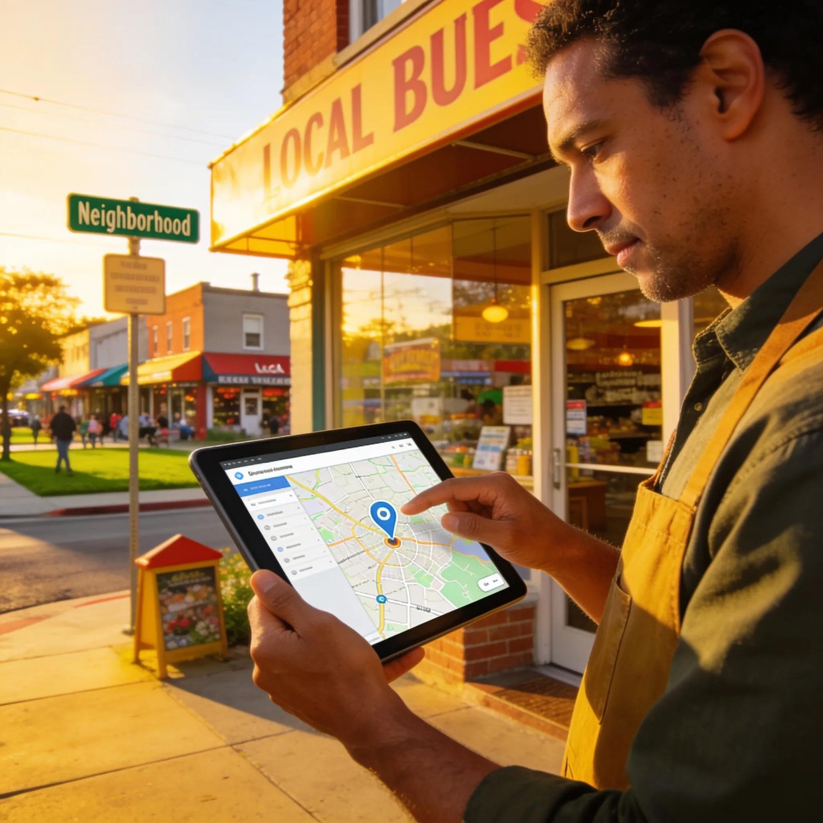 Local Tampa business owner using a tablet to review neighborhood maps and geo-targeting plans