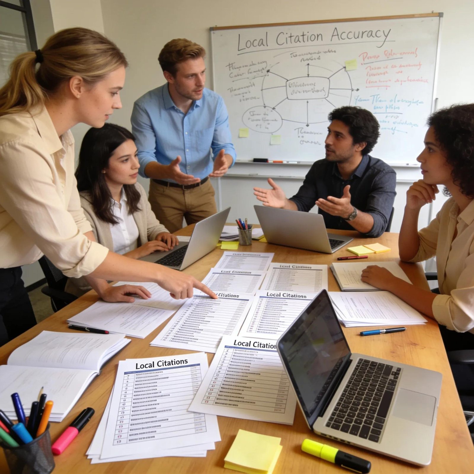 Team reviewing local directory listings and citations in an office