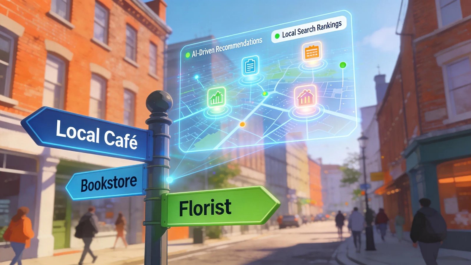 Illustration of local search and AI technology connecting community and digital data