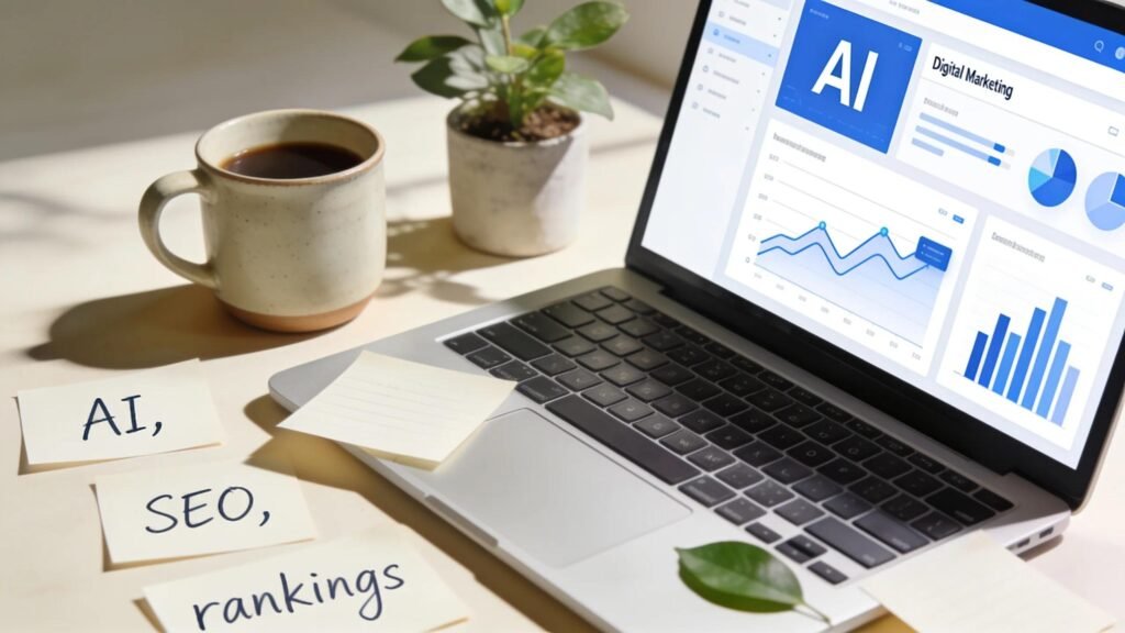Modern workspace with a laptop showing AI-driven SEO analytics and decor reflecting digital marketing themes