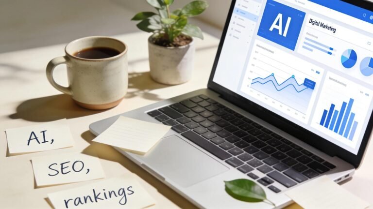 Modern workspace with a laptop showing AI-driven SEO analytics and decor reflecting digital marketing themes