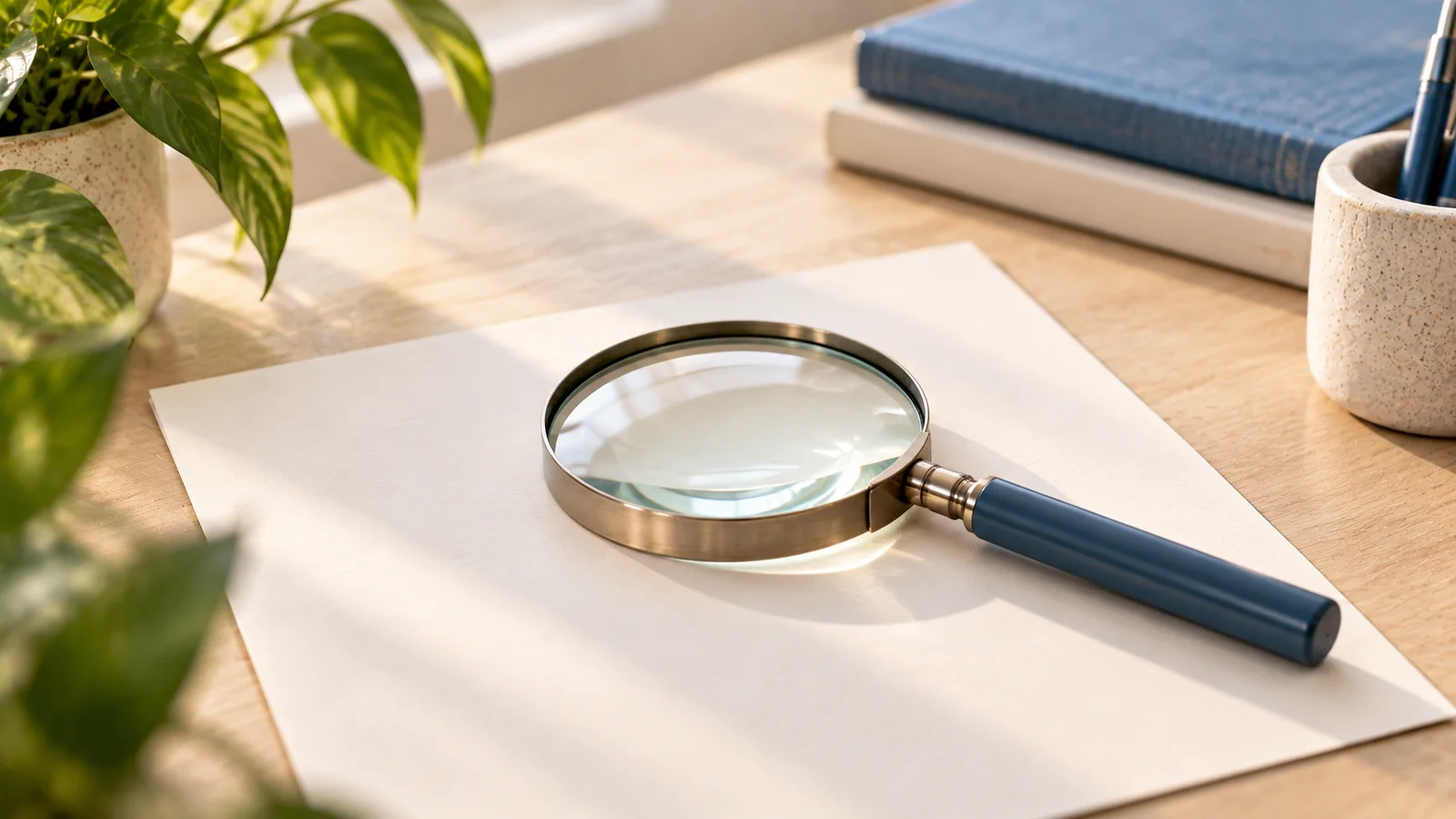 Magnifying glass lying lens down on a blank sheet of paper beside a pen