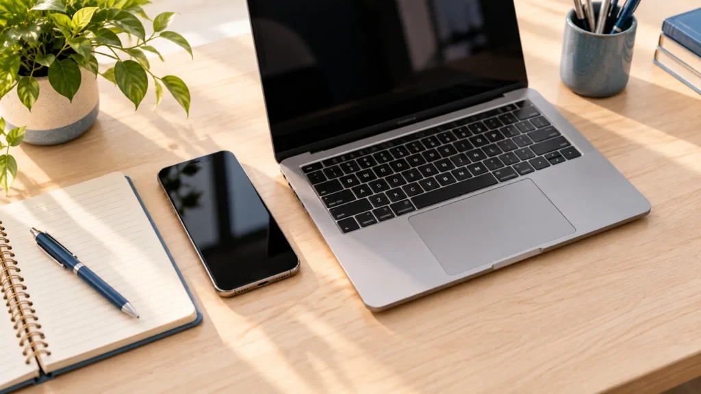 Laptop, phone and notebook arranged on a pale wood desk with screens dark