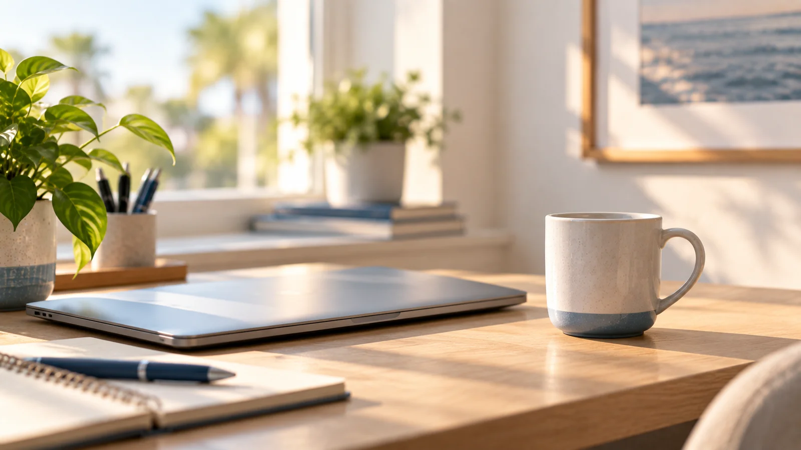 Tidy desk with a closed laptop, a notepad and a coffee mug in morning light