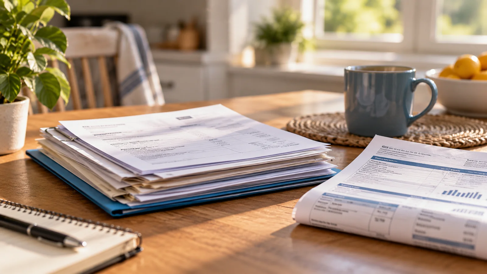 Stack of business paperwork and a folder on a kitchen table in morning light