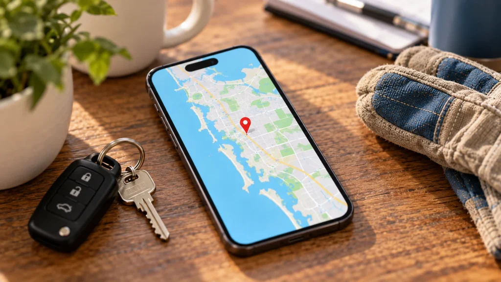 Phone on a wooden workbench showing a map with a pin over a Florida coastal town, beside truck keys and work gloves