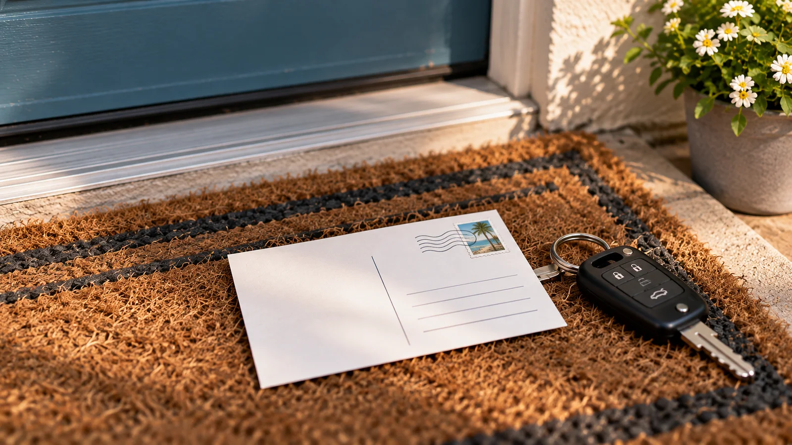 Postcard lying on a doormat beside a set of keys at a front door