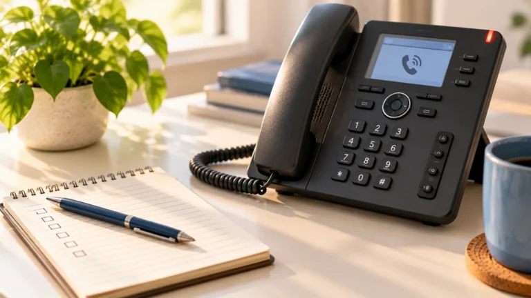 Office desk phone ringing next to a notepad with a short blank checklist