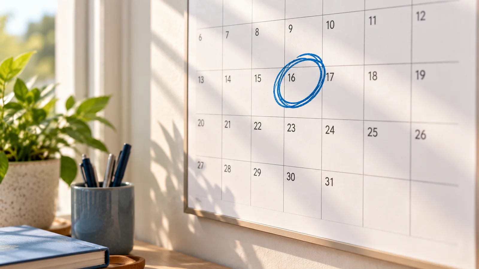 Wall calendar with a single date circled in blue marker