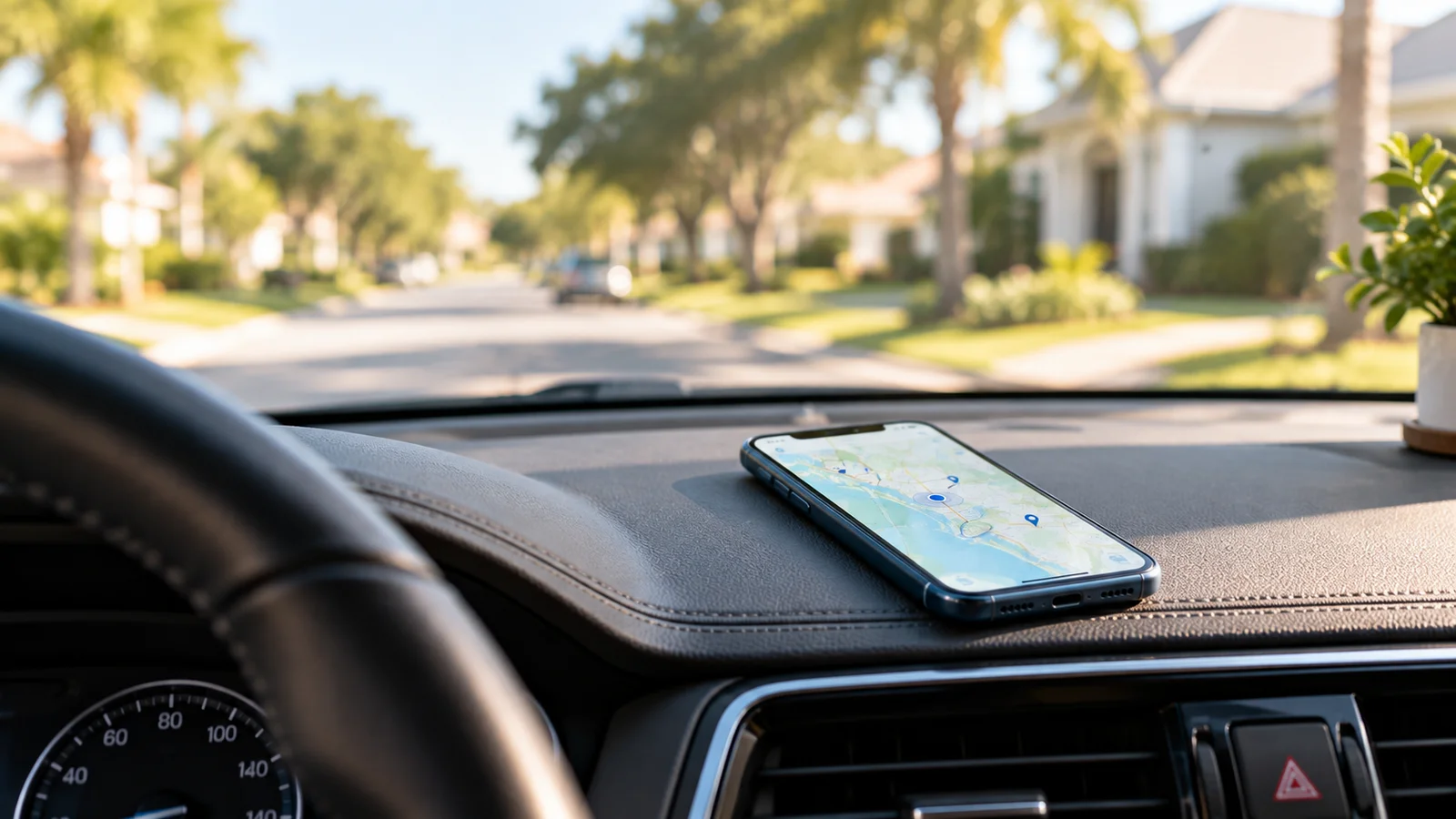 Phone resting on a car dashboard showing a map, with a Florida residential street ahead