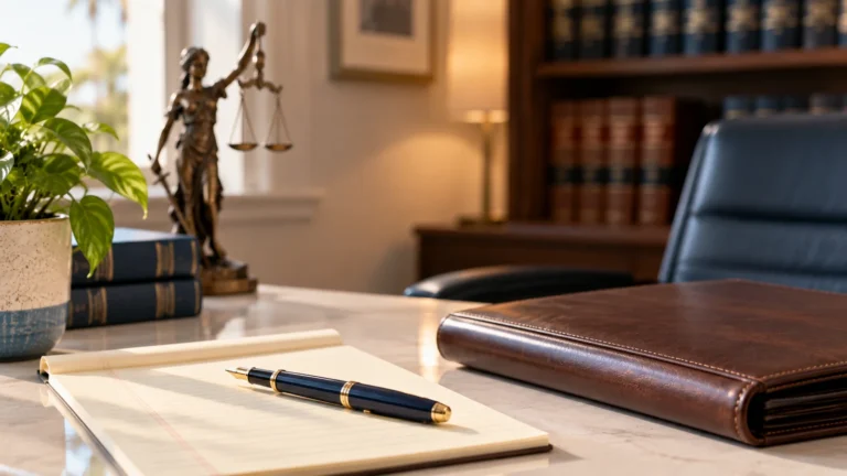 Fountain pen on a legal pad beside a closed leather folio in a small law office