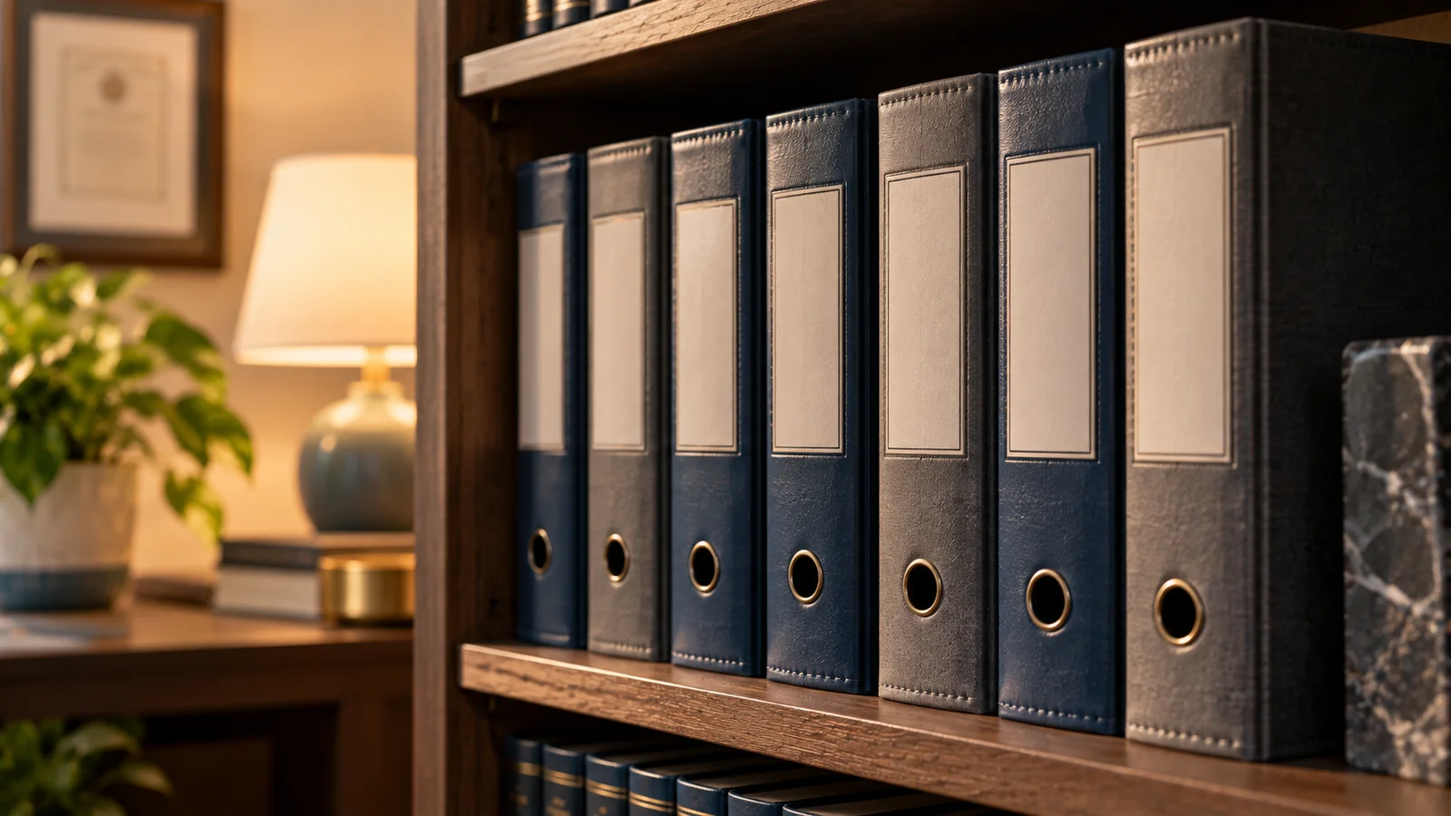 Row of unlabeled legal binders on a shelf under warm lamp light