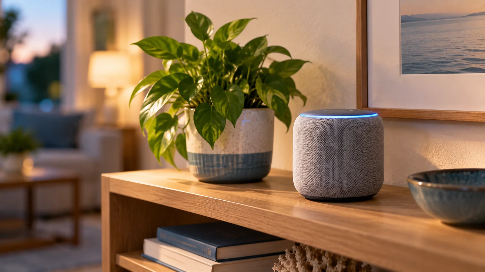 Smart speaker glowing on a console table in a living room at dusk