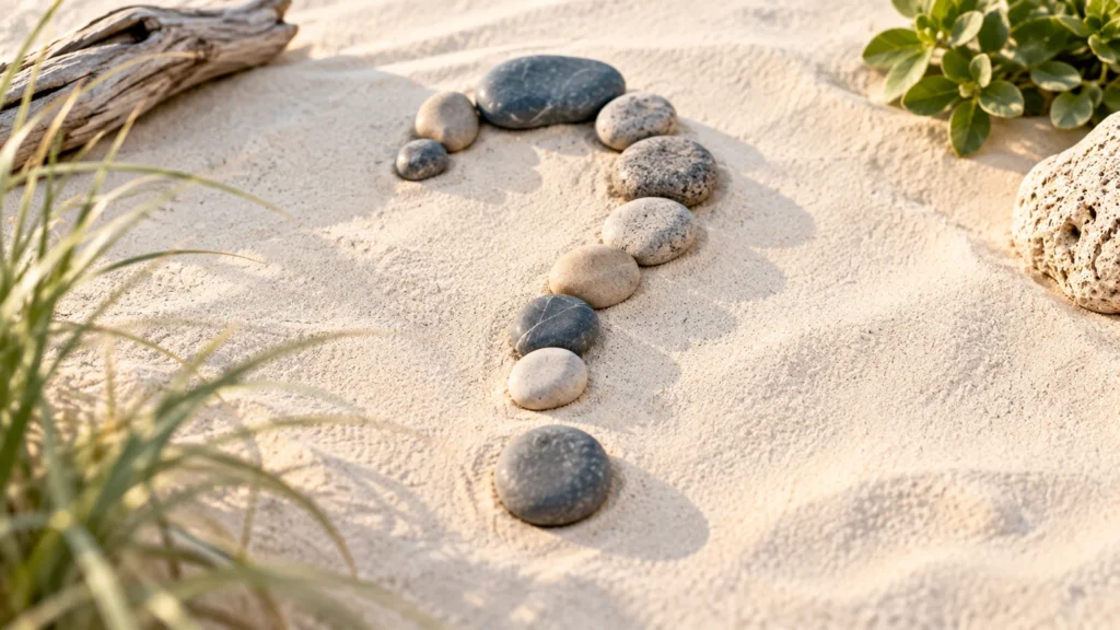 Smooth stones arranged into a question mark shape on beach sand