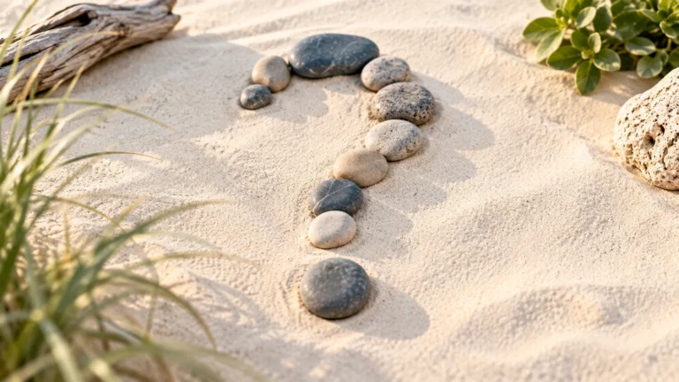 Smooth stones arranged into a question mark shape on beach sand