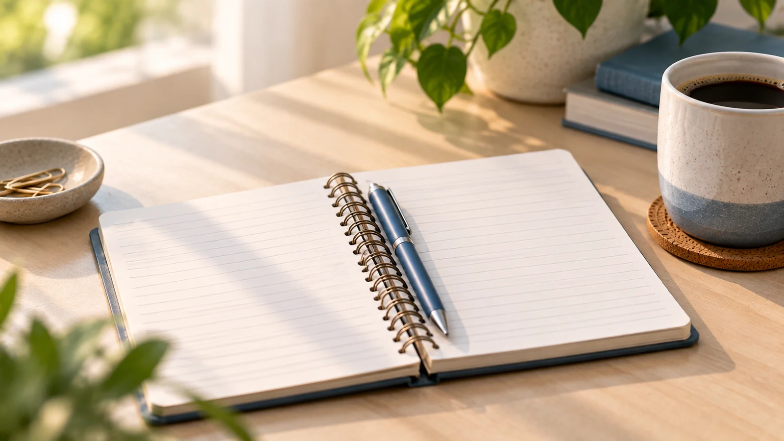 Open blank notebook with a pen resting in the spiral beside a cup of coffee