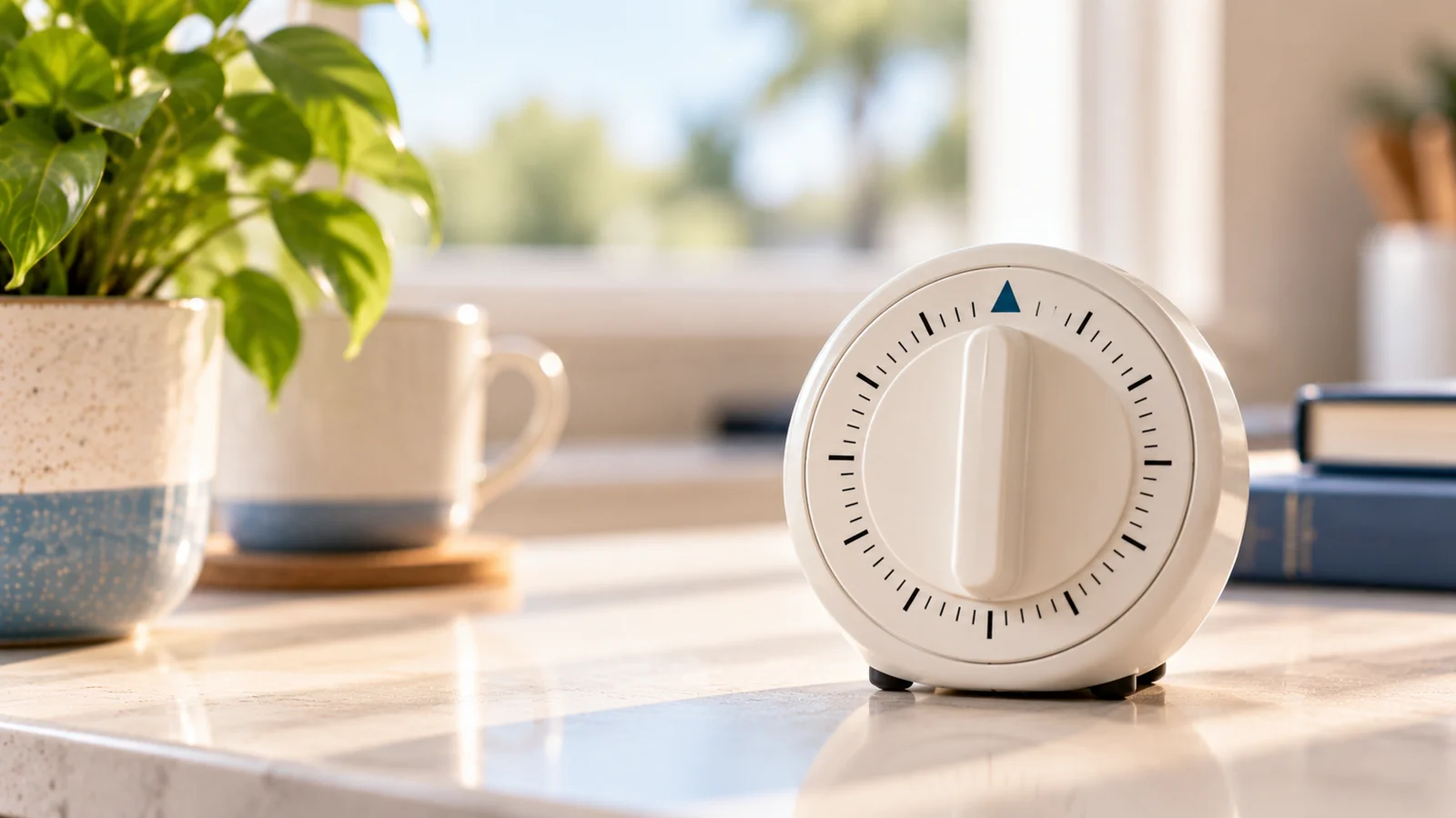 Mechanical kitchen timer standing on a clean counter