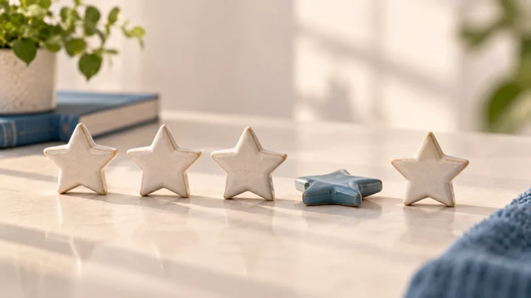 Five small ceramic stars lined up on a counter with one lying flat