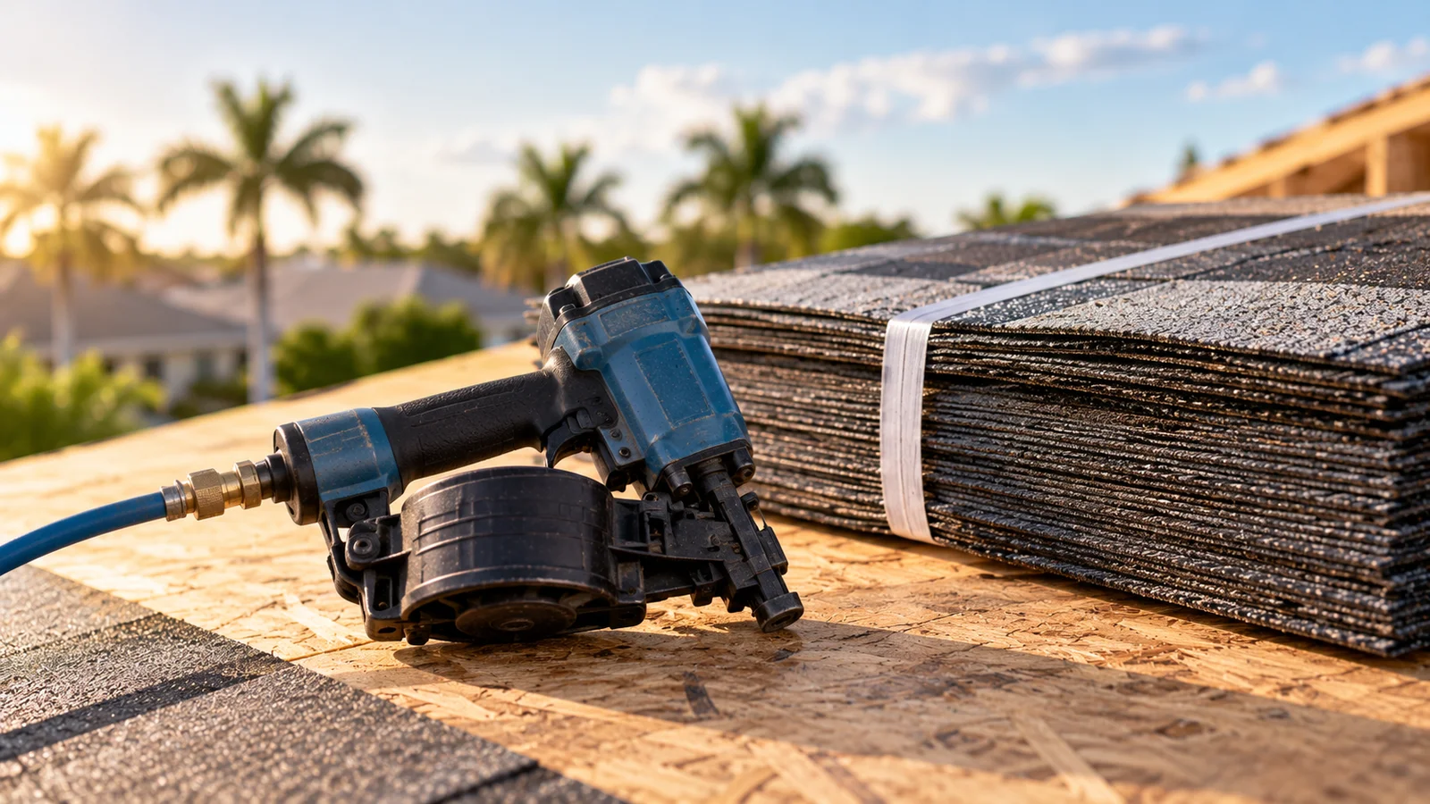 Roofing nail gun and bundles of shingles staged on a roof deck
