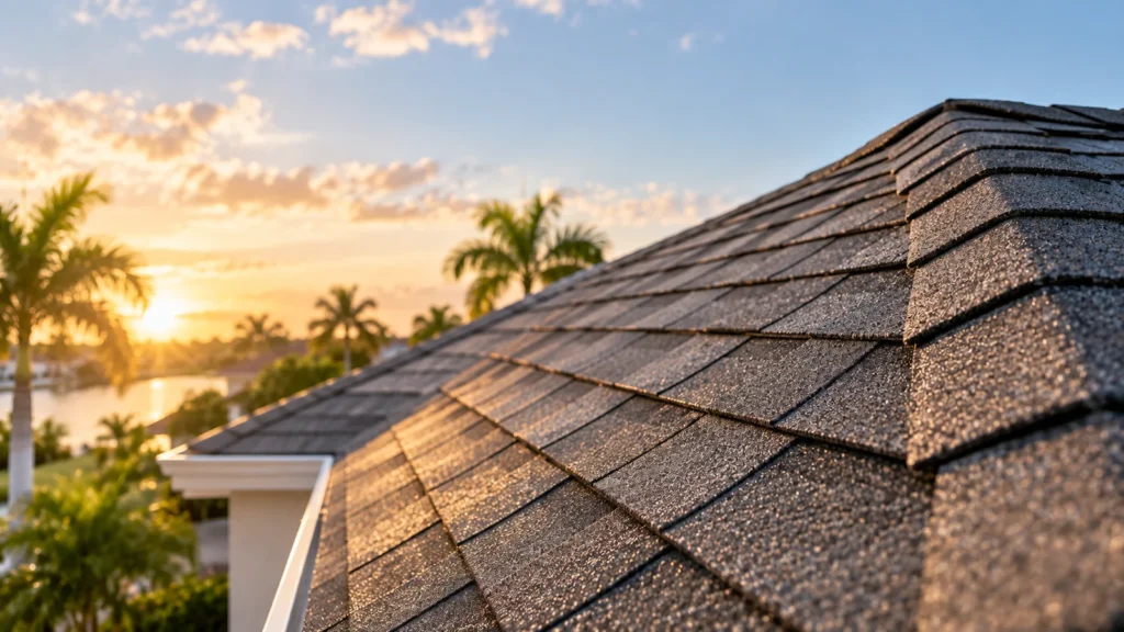 Close-up of new architectural shingles on a Florida roof against a bright sky