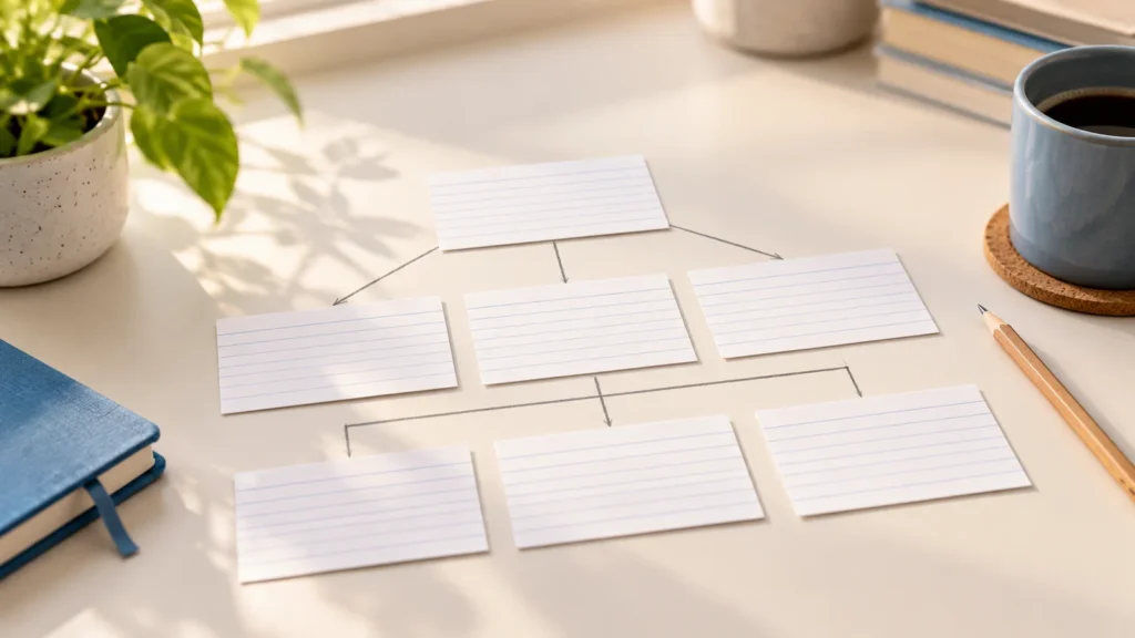 Blank index cards arranged on a desk in a branching diagram connected by pencil arrows