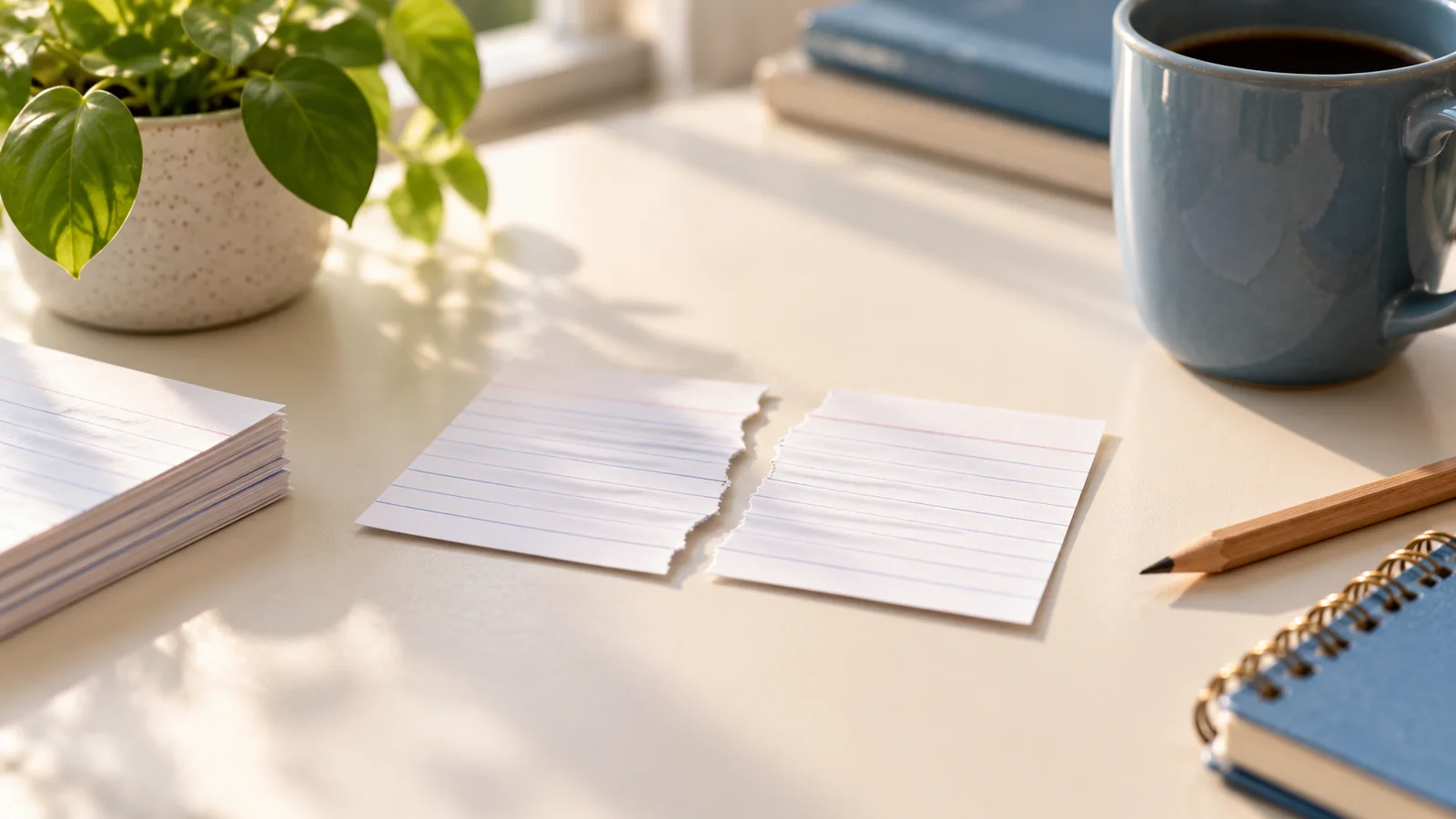 A single index card torn in half lying on a tidy desk beside a stack of cards
