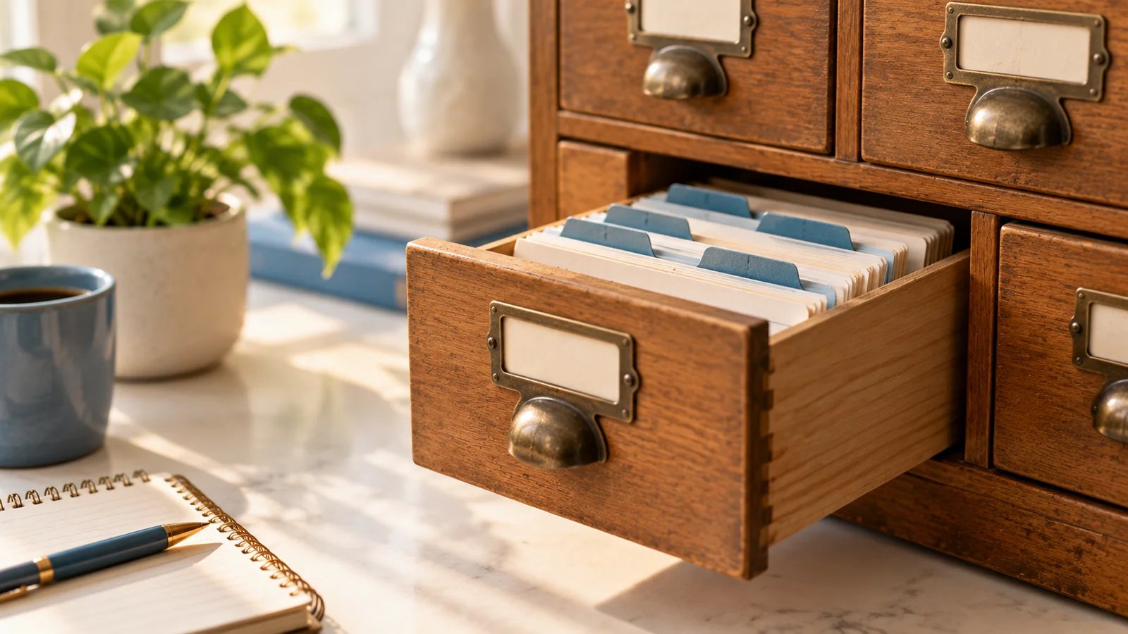 Open wooden card catalog drawer holding tabbed index cards with blank labels