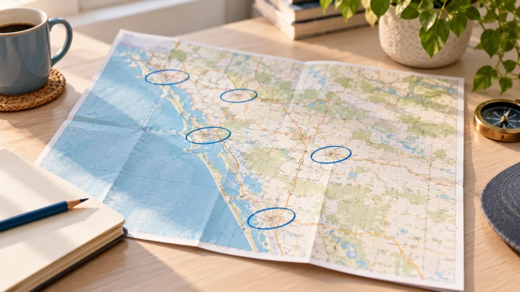 Folded paper road map on a desk with several coastal towns circled in blue pencil