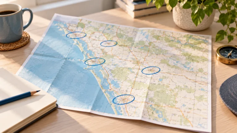 Folded paper road map on a desk with several coastal towns circled in blue pencil