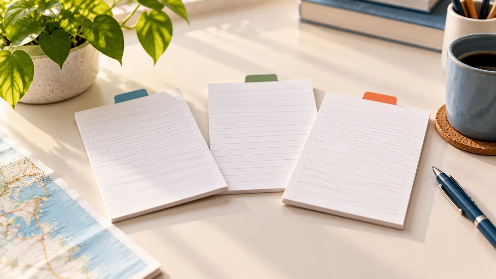 Three blank notepads with different colored tabs laid out beside a folded map