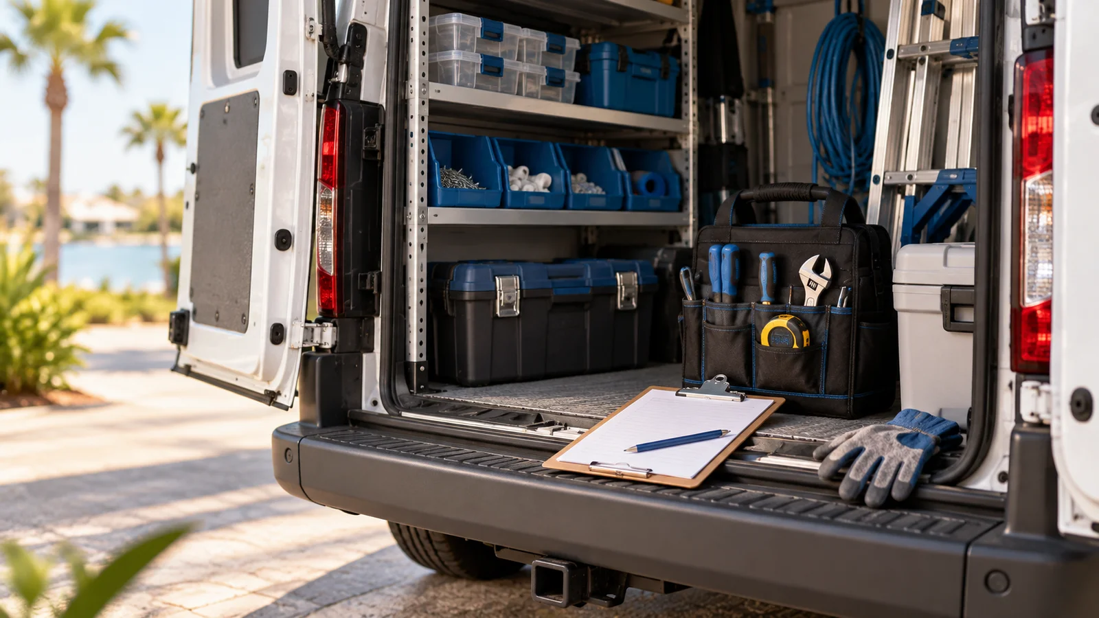 Open rear doors of a service van showing organized tools, a clipboard and work gloves
