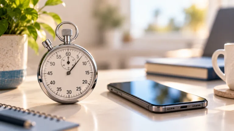 Stopwatch resting on a desk next to a phone with a blurred background